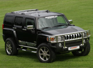 A black Hummer H3 stands on a grassy field with shiny chrome details and rugged tires, HD Desktop Wallpaper