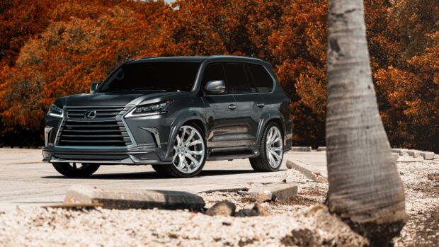 A black Lexus LX SUV parked near autumn foliage with clear skies, 4K Desktop Wallpaper