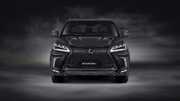 The Lexus LX shows a black bold front design with illuminated headlights, HD Desktop Wallpaper