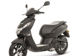 A black Peugeot Kisbee scooter is shown from the side with detailed features visible, HD Desktop Wallpaper