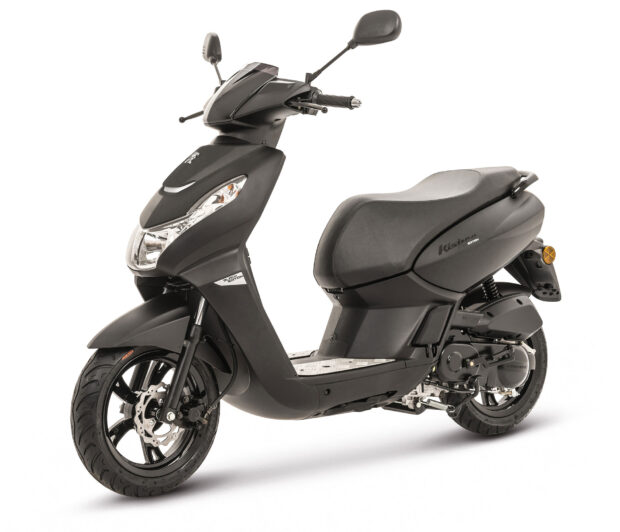 A black Peugeot Kisbee scooter is shown from the side with detailed features visible, HD Desktop Wallpaper