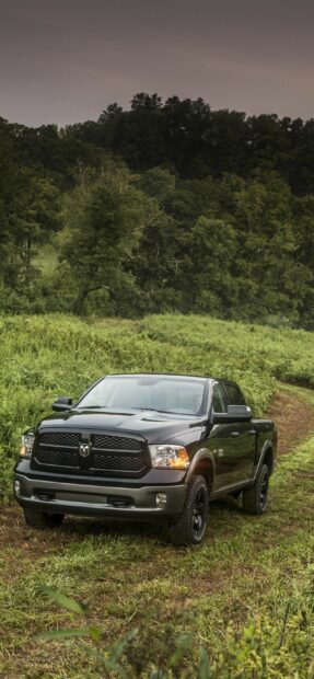 A black Ram truck is parked on a grassy field with trees in the background, 2K Mobile Wallpaper