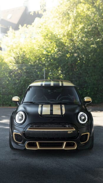 A black and gold Mini Cooper is parked on a driveway with greenery in the background, 2K Phone Wallpaper