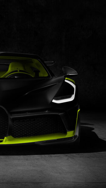 The black Bugatti Divo features neon green accents and a detailed front grille, 4K Phone Wallpaper