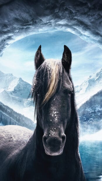 A black horse with snow on its coat stands in a wintry mountain scene near a lake, 4K Phone Wallpaper