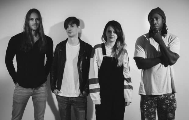 The Bloc Party band pose together in a black and white photo, HD Desktop Wallpaper