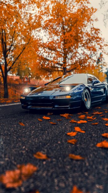 A blue Honda NSX is driving on a road covered with orange autumn leaves under vibrant fall trees, 4K Phone Wallpaper