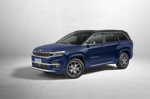A blue Jeep Commander SUV is displayed in a clean studio with a white background, HD Desktop Wallpaper
