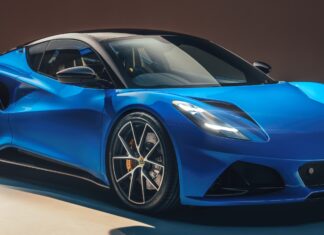 A sleek blue Lotus Emira sports car showcased in a modern setting with detailed features, 2K Desktop Wallpaper