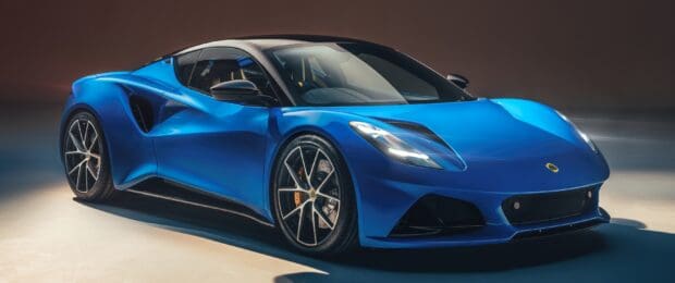 A sleek blue Lotus Emira sports car showcased in a modern setting with detailed features, 2K Desktop Wallpaper
