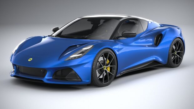 A blue Lotus Emira sports car with sleek aerodynamic curves, HD Desktop Wallpaper