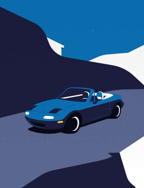 A blue Mazda MX 5 Miata is driving on a winding road with hills and a clear sky in the background, 2K Desktop Wallpaper