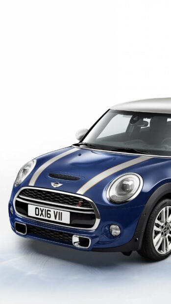 A blue Mini Cooper with silver stripes is shown from the front angle, highlighting its sleek design and details, 2K Phone Wallpaper