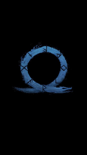 A blue omega symbol painted with runic characters on a black background representing God Of War Ragnarok, HD Mobile Wallpaper