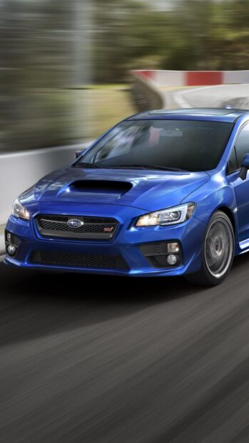 A blue Subaru WRX is speeding along a curved race track with motion blur, HD Phone Wallpaper