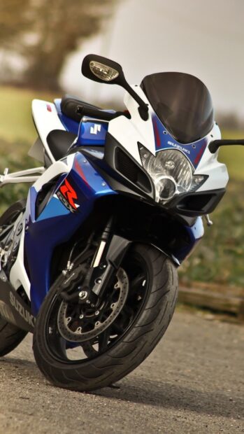 A blue Suzuki street bike is parked on a paved road surrounded by greenery, HD Phone Wallpaper