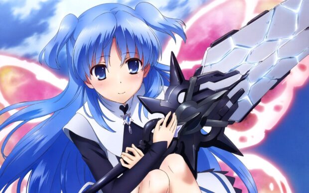 A blue haired anime girl holds a large mystical weapon with a glowing background in Worldend Anime Wallpapers, HD Desktop Wallpaper