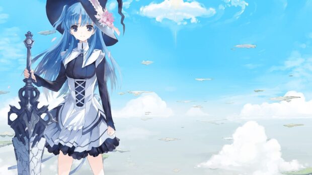 A blue haired character stands holding a large sword against a bright sky in Worldend anime wallpapers, HD Desktop Wallpaper