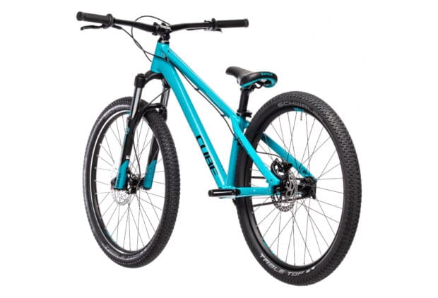 A blue Cube Bikes mountain bike with thick tires and a sturdy frame, HD Desktop Wallpaper