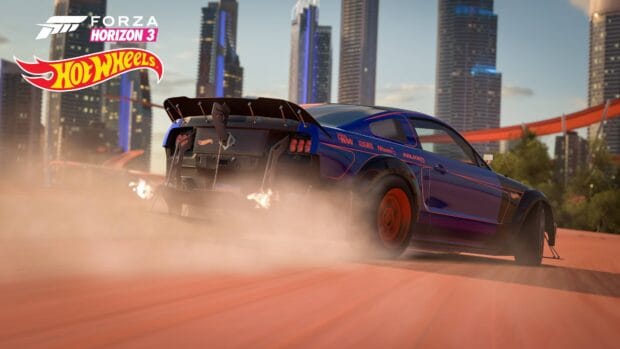A blue sports car from Hot Wheels is drifting on a dirt road with city skyscrapers in the background, 4K Desktop Wallpaper