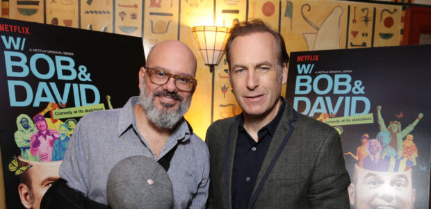 Bob Odenkirk with a smiling guest posing at a Netflix event for the show W Bob & David, 2K Desktop Wallpaper