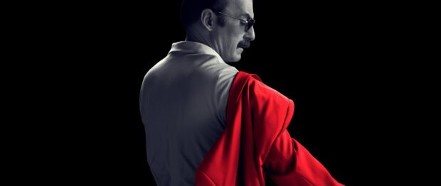 Bob Odenkirk is pictured wearing sunglasses and holding a red jacket against a black background, 2K Desktop Wallpaper