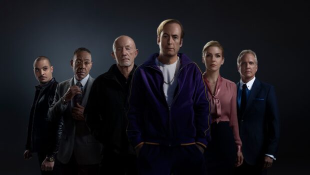 Bob Odenkirk and cast members pose in serious expressions against a dark background, 4K Desktop Wallpaper