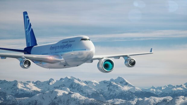 A Boeing 747 is captured soaring high over snow covered mountain peaks under a clear sky, 4K Desktop Wallpaper