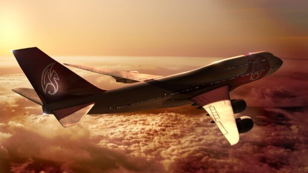 A Boeing 747 flying above the clouds during a glowing sunset in a clear sky, HD Desktop Wallpaper