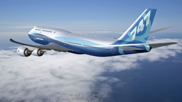 A Boeing 747 aircraft is flying high above the clouds with a clear blue sky, HD Desktop Wallpaper