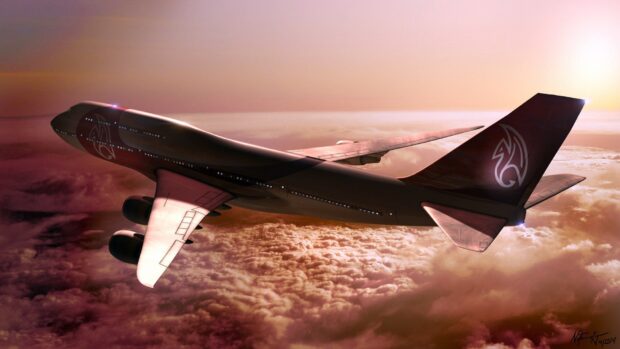 A Boeing 747 is soaring through a vibrant sunset sky above dense clouds, HD Desktop Wallpaper