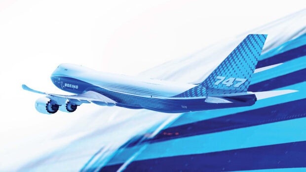 A Boeing 747 is shown flying with a sleek blue design on its body and tail, HD Desktop Wallpaper