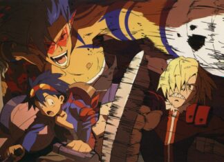 The main characters from Tengen Toppa Gurren Lagann in an intense battle scene, HD Desktop Wallpaper