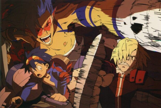The main characters from Tengen Toppa Gurren Lagann in an intense battle scene, HD Desktop Wallpaper