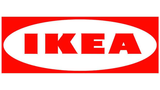 A bold red and white Ikea logo design with strong typography, 4K Desktop Wallpaper