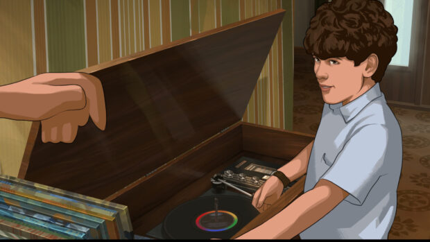 A boy is playing a vinyl record in a vintage room setting with retro decor, HD Desktop Wallpaper