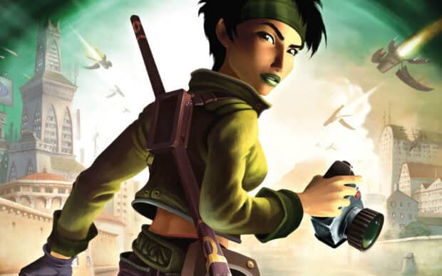 A determined character from Beyond Good And Evil game wallpapers holds a camera in a futuristic city, HD Desktop Wallpaper
