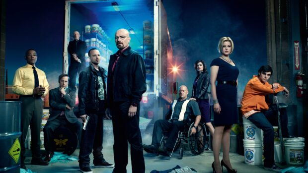 The Breaking Bad cast stands together in a dramatic scene featuring Bob Odenkirk, 4K Desktop Wallpaper