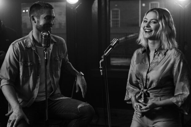 Brett Young wallpapers show him singing with a female artist in a music studio, HD Desktop Wallpaper
