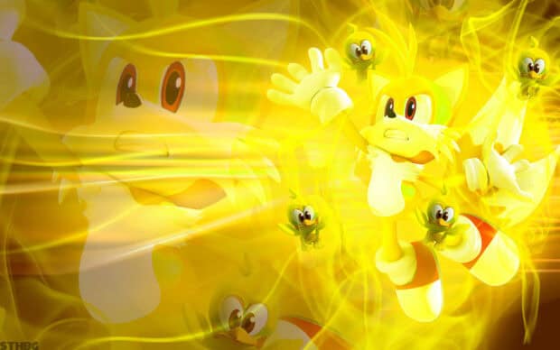 A vivid scene of Hyper Sonic surrounded by glowing yellow birds and light, HD Desktop Wallpaper