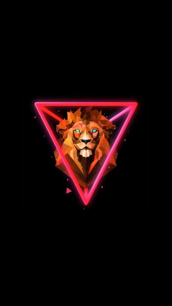 This Justin Maller Wallpapers features a colorful geometric lion head inside a glowing neon triangle, 2K Mobile Wallpaper