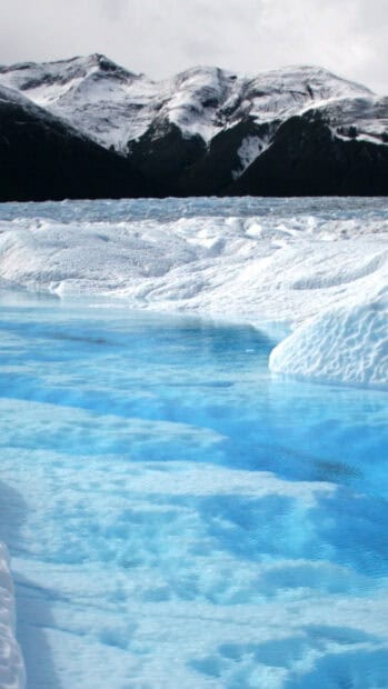 The glacier shows bright ice and clear blue water with snowy mountains behind, HD Phone Wallpaper