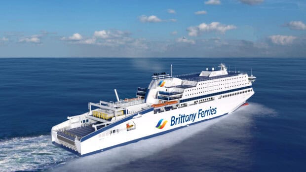 A Brittany Ferries vessel sails smoothly across the calm sea under a clear sky, 4K Desktop Wallpaper