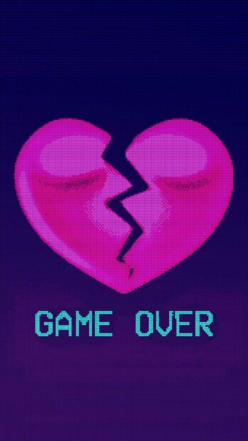 A pixelated broken pink heart with closed eyes above game over text is displayed, 2K Mobile Wallpaper