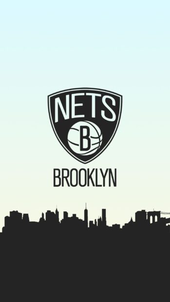The Brooklyn Nets logo stands above a city skyline silhouette with a gradient sky, 2K Phone Wallpaper