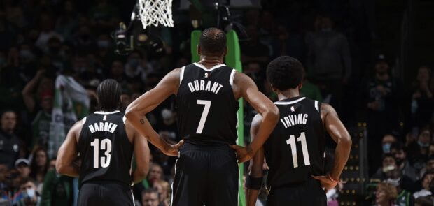 Kevin Durant and teammates Harden and Irving stand during a game, 2K Desktop Wallpaper