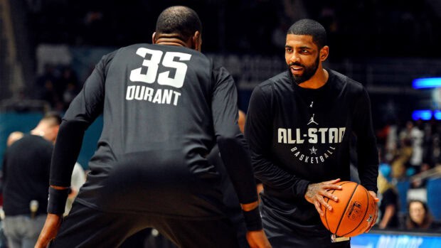 Two Brooklyn Nets players practice skills before the game, HD Desktop Wallpaper