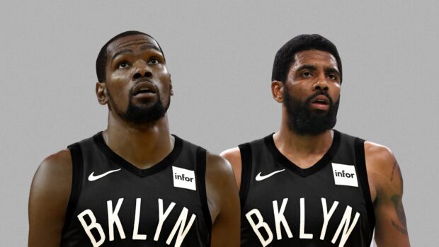 Two Brooklyn Nets players looking upward in black jerseys, HD Desktop Wallpaper