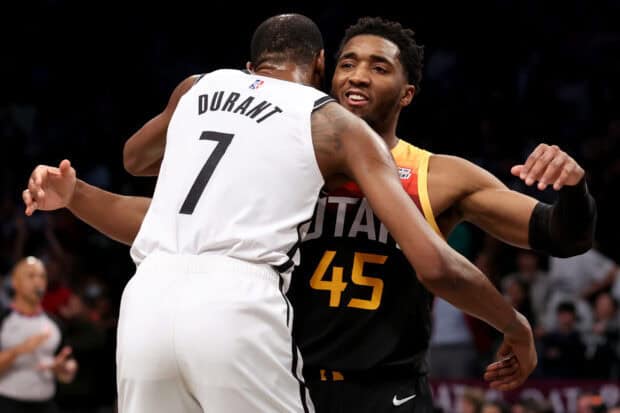 Two Brooklyn Nets players are greeting each other after a basketball game, 2K Desktop Wallpaper