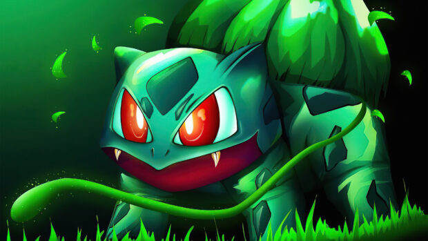 A fierce Bulbasaur stands in green grass with glowing eyes and leaves, 4K Desktop Wallpaper